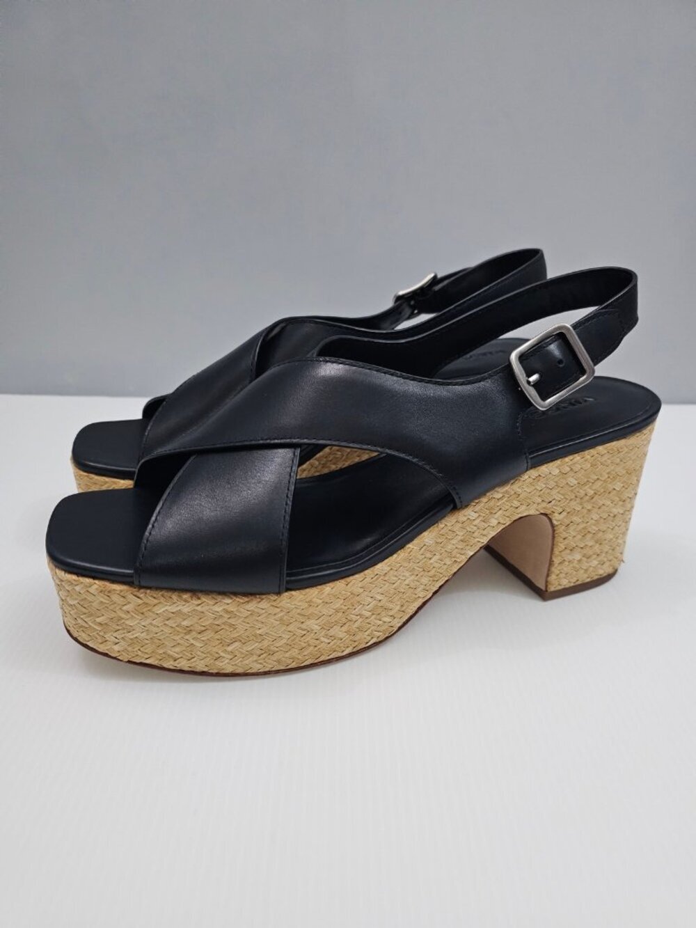 Vince Clementina Platform Sandal Womens 11 Black Leather Block Heel Raffia NEW